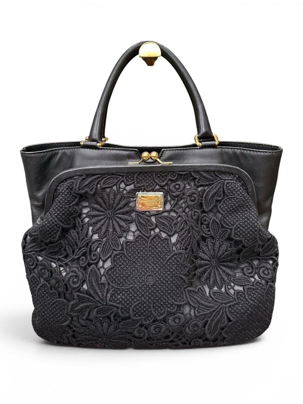 Dolce & Gabbana Black Floral Lace Leather Satchel Leopard Lined | Italy with COA